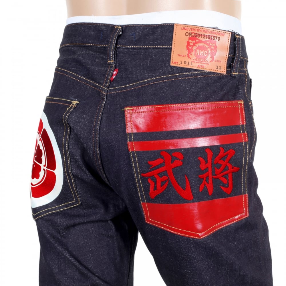 Japanese 1011 Slimmer Model RQP14123 Raw Selvedge Denim Jeans with Embroidered and Painted Sengoku Pockets