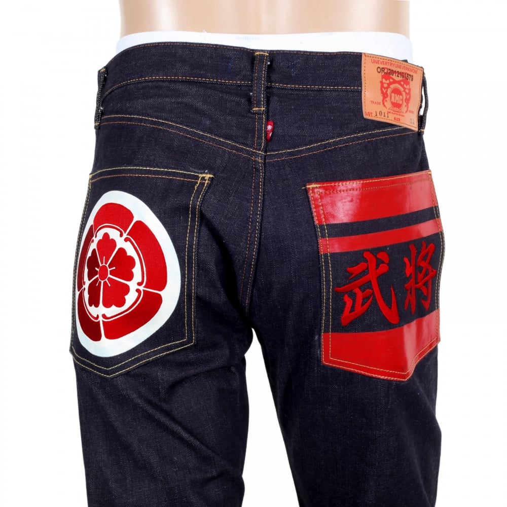 Japanese 1011 Slimmer Model RQP14123 Raw Selvedge Denim Jeans with Embroidered and Painted Sengoku Pockets