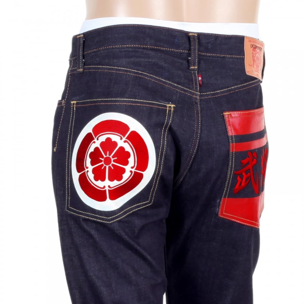 Japanese 1011 Slimmer Model RQP14123 Raw Selvedge Denim Jeans with Embroidered and Painted Sengoku Pockets