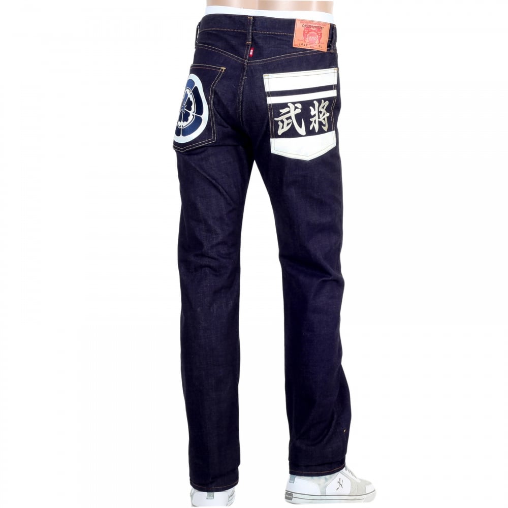 Mens Blue and White Sengoku Painted and Embroidered 1011 Model RQP14123 Selvedge Denim Jeans Cut in Slim Fit