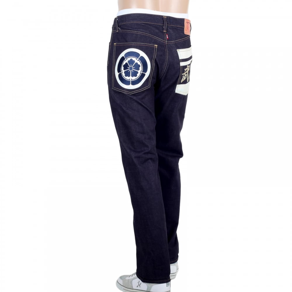 Mens Blue and White Sengoku Painted and Embroidered 1011 Model RQP14123 Selvedge Denim Jeans Cut in Slim Fit