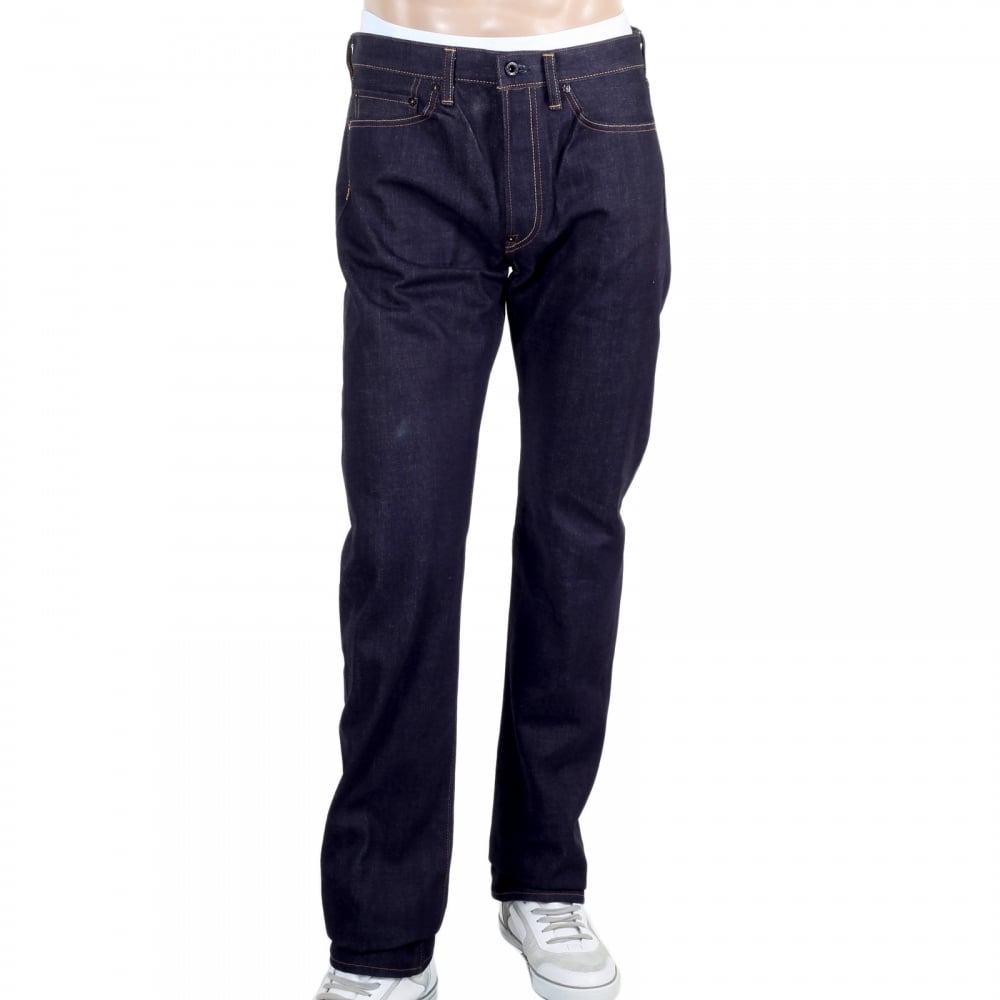 Mens Blue and White Sengoku Painted and Embroidered 1011 Model RQP14123 Selvedge Denim Jeans Cut in Slim Fit