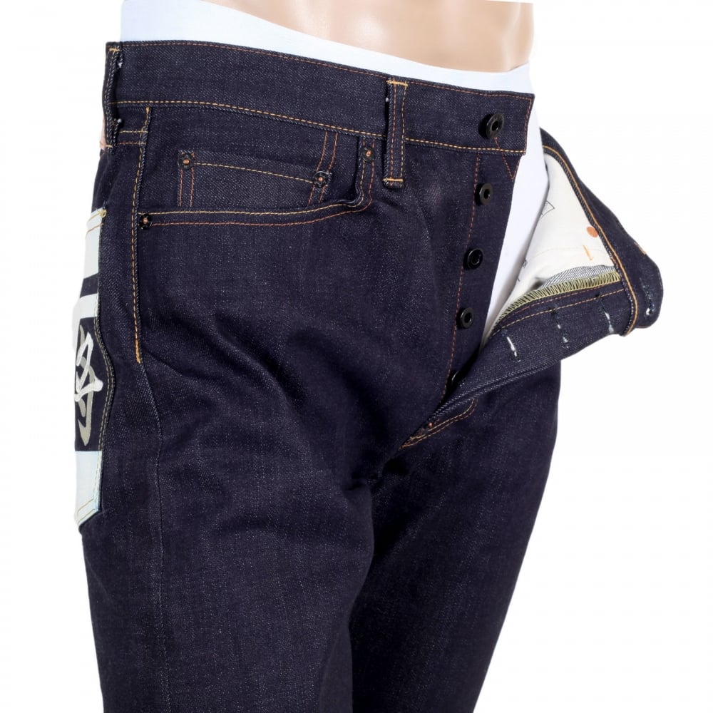 Mens Blue and White Sengoku Painted and Embroidered 1011 Model RQP14123 Selvedge Denim Jeans Cut in Slim Fit