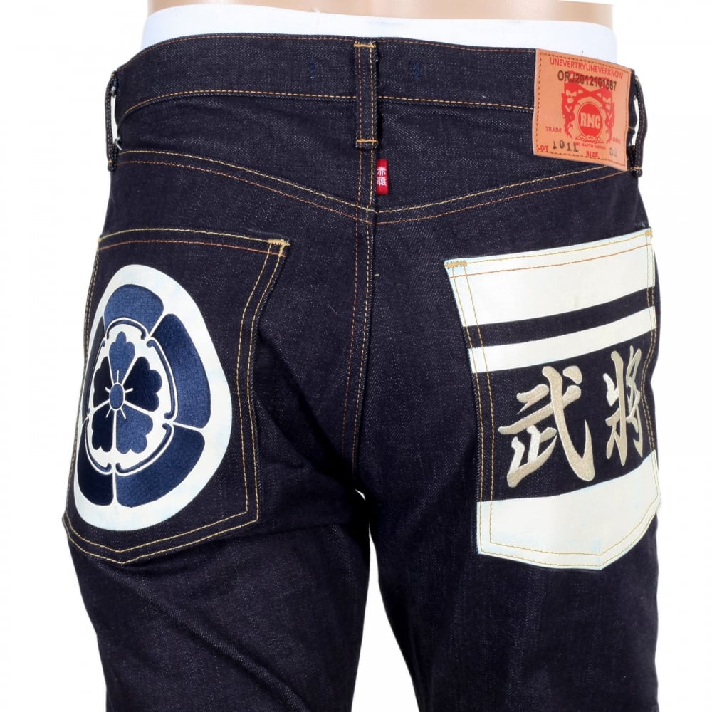 Mens Blue and White Sengoku Painted and Embroidered 1011 Model RQP14123 Selvedge Denim Jeans Cut in Slim Fit
