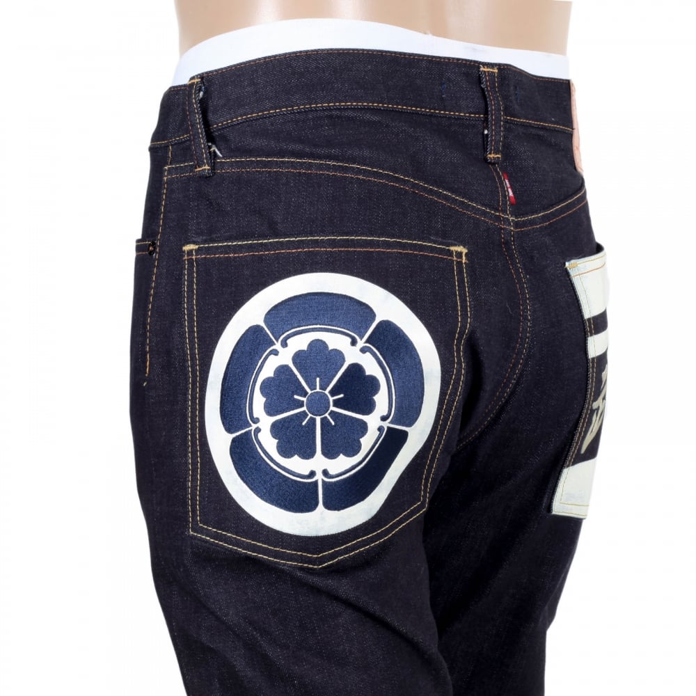 Mens Blue and White Sengoku Painted and Embroidered 1011 Model RQP14123 Selvedge Denim Jeans Cut in Slim Fit