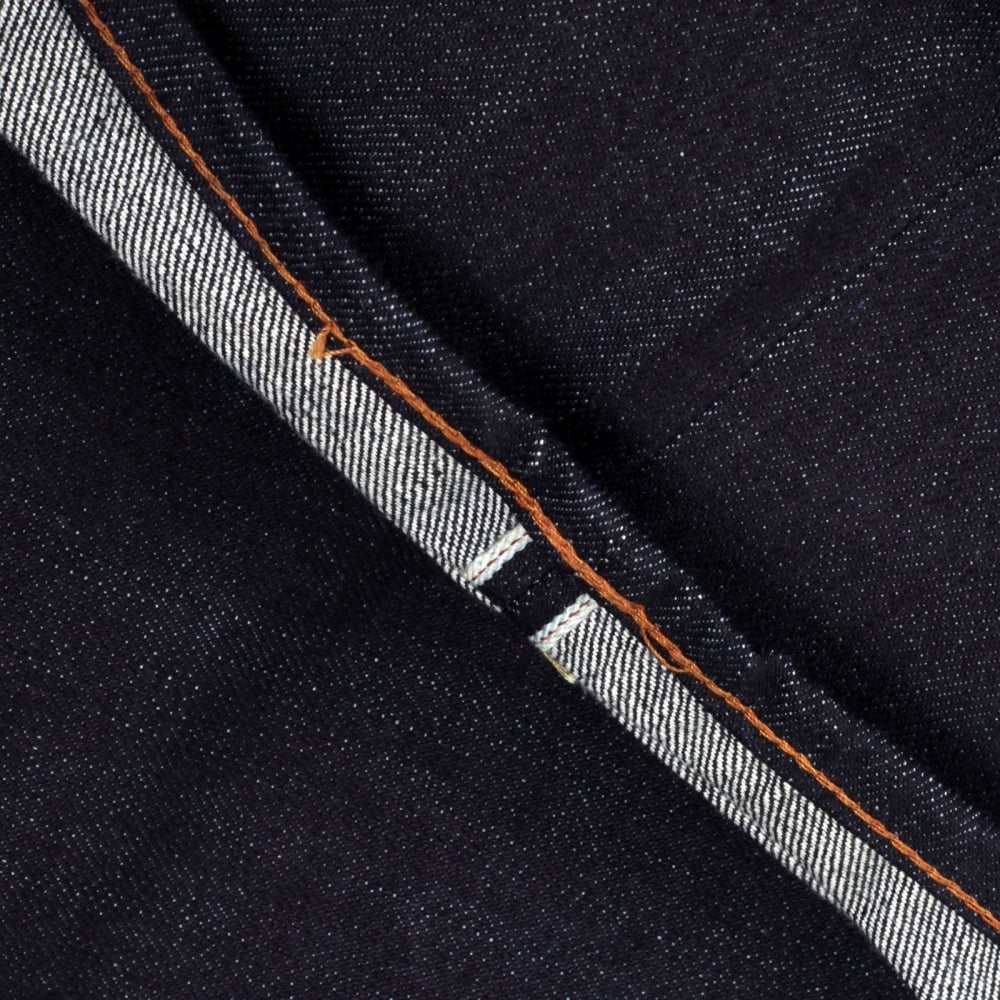 Mens Blue and White Sengoku Painted and Embroidered 1011 Model RQP14123 Selvedge Denim Jeans Cut in Slim Fit