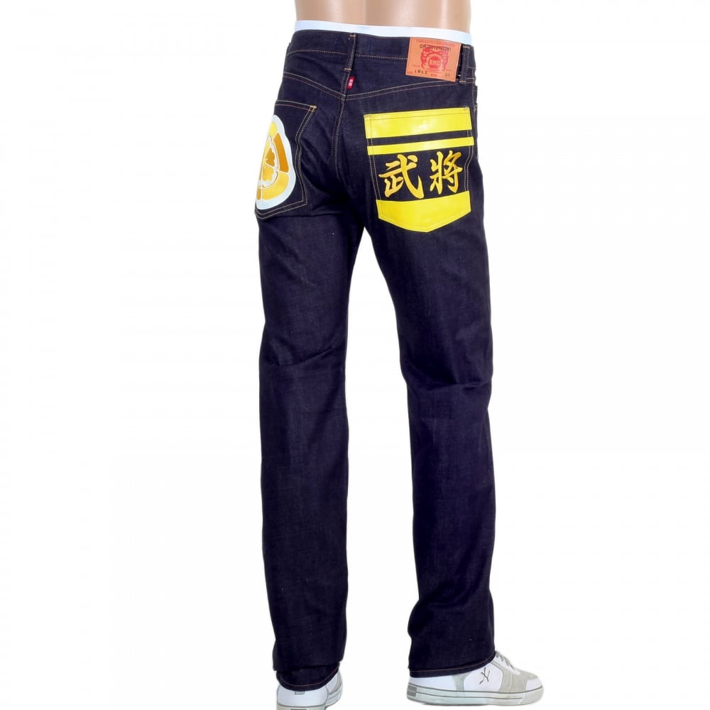 Yellow Embroidered and Painted Sengoku 1011 Model RQP14123 Raw Selvedge Denim Slim Fit Jeans in Indigo