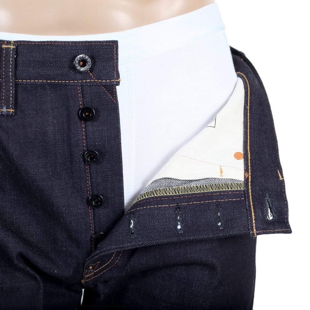 Yellow Embroidered and Painted Sengoku 1011 Model RQP14123 Raw Selvedge Denim Slim Fit Jeans in Indigo