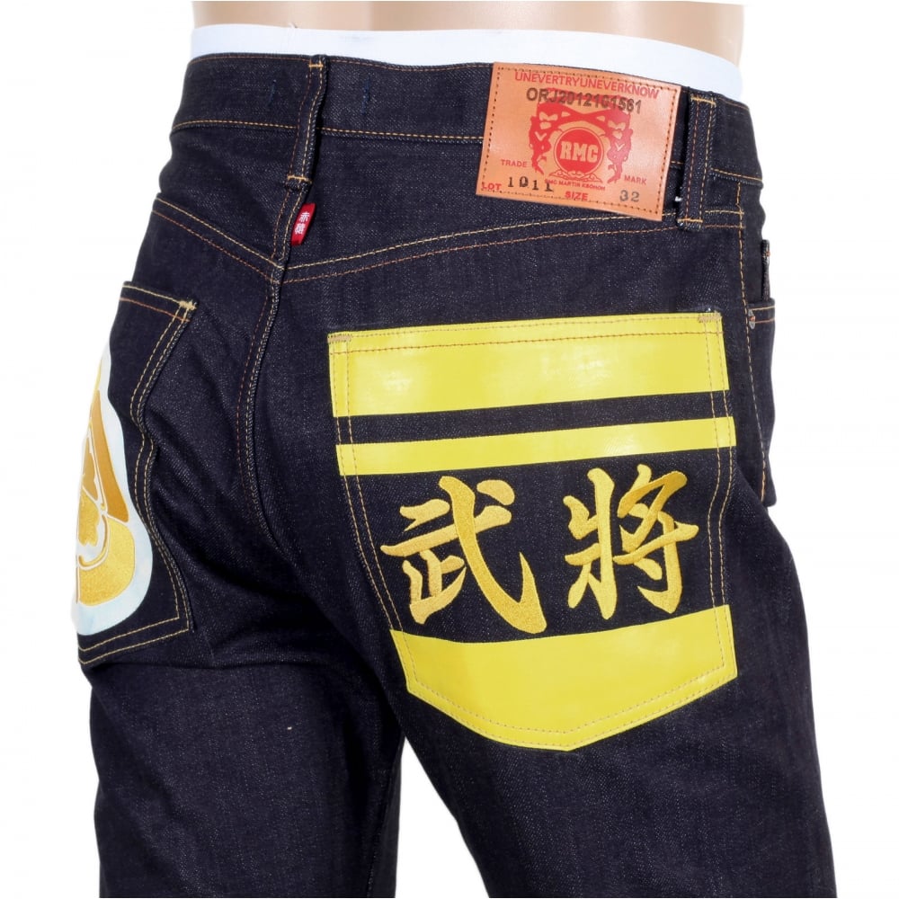 Yellow Embroidered and Painted Sengoku 1011 Model RQP14123 Raw Selvedge Denim Slim Fit Jeans in Indigo