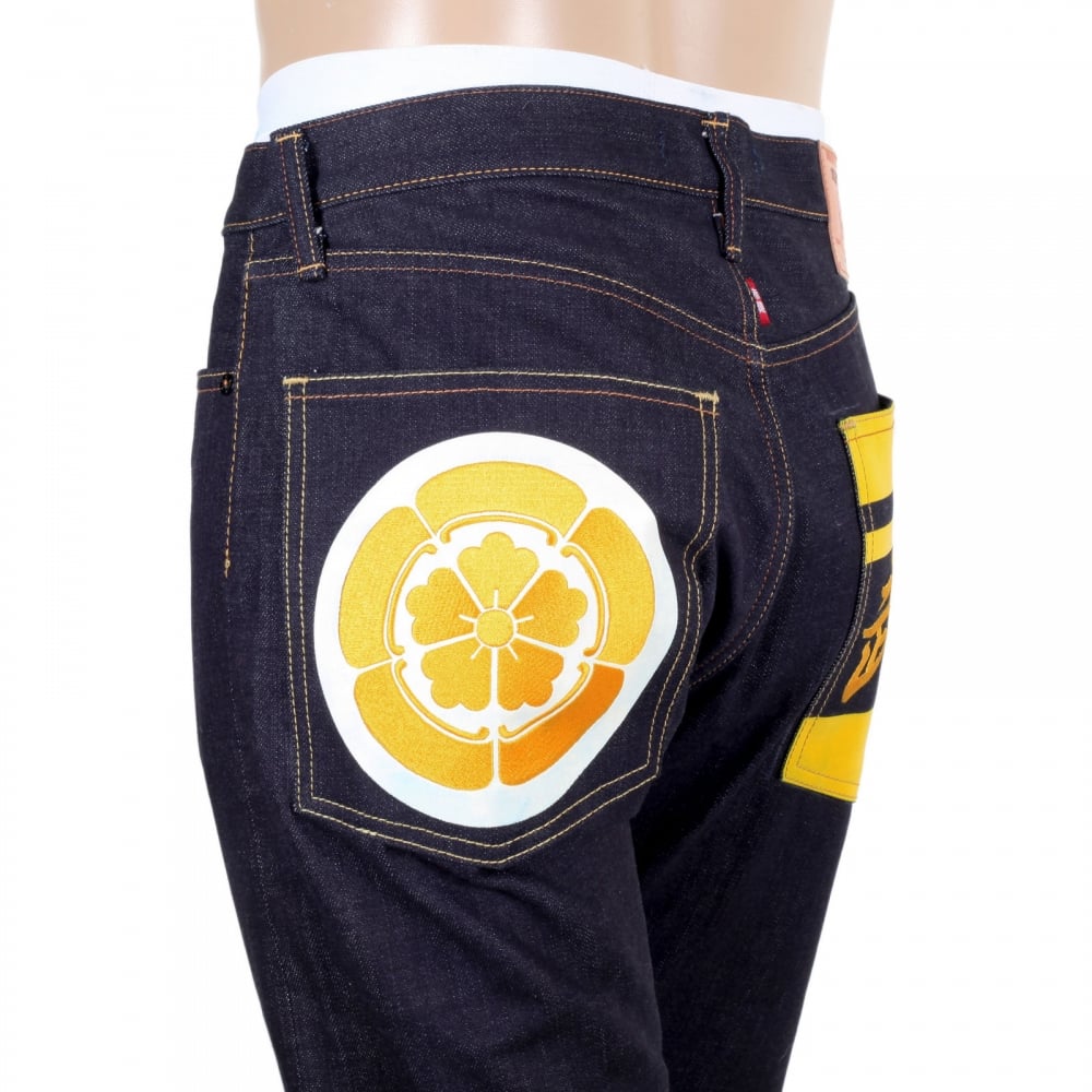 Yellow Embroidered and Painted Sengoku 1011 Model RQP14123 Raw Selvedge Denim Slim Fit Jeans in Indigo