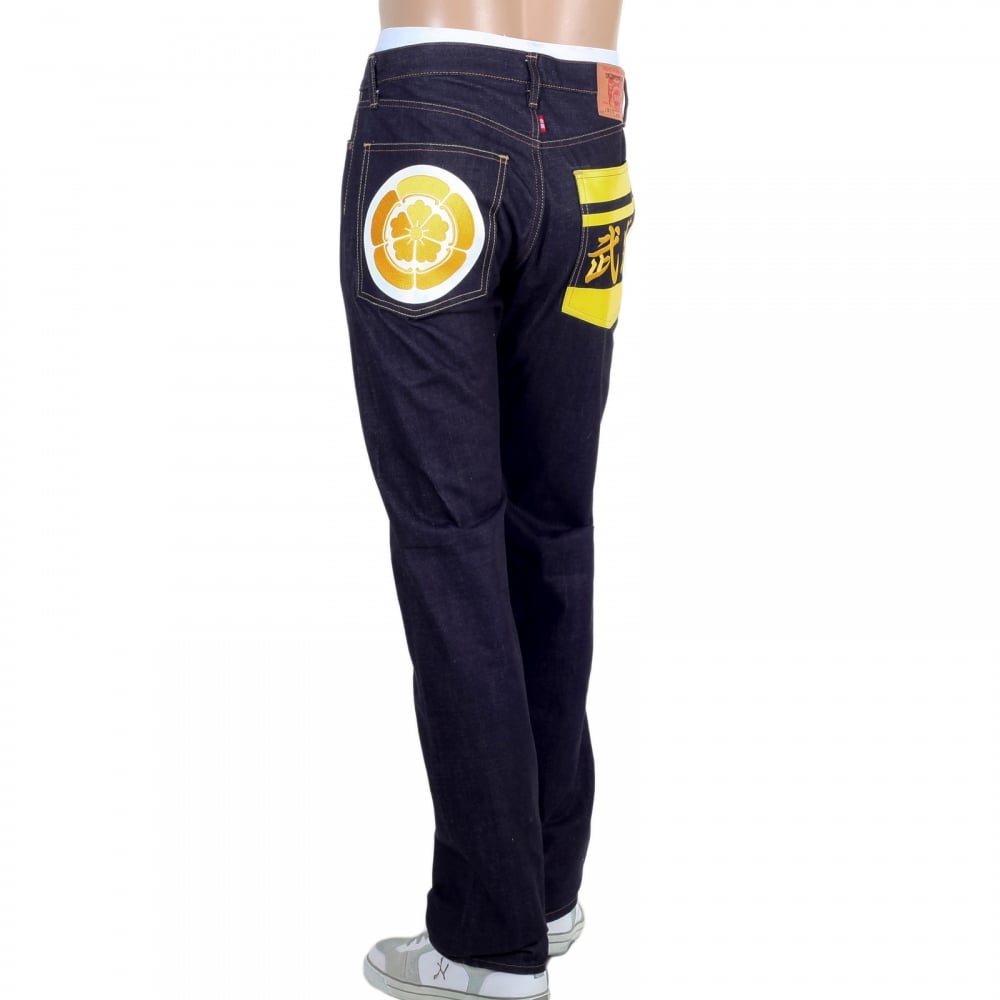 Yellow Embroidered and Painted Sengoku 1011 Model RQP14123 Raw Selvedge Denim Slim Fit Jeans in Indigo