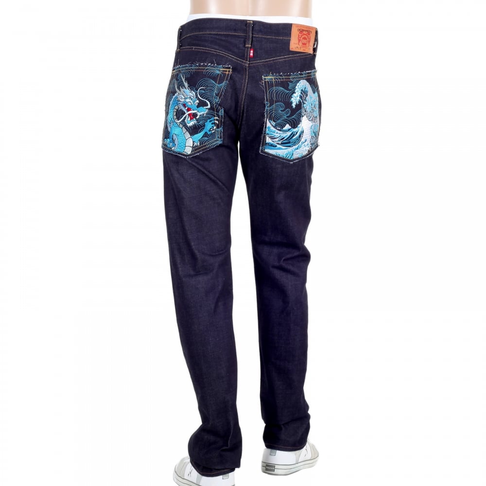 Model 1011 Dark Blue RQP14121 Slim Fit Raw Selvedge Denim Jeans with Dragon and Tsunami Wave Embroidery