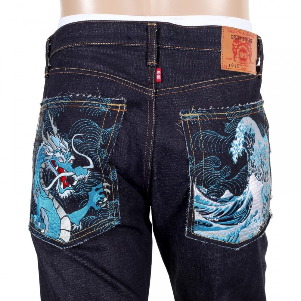 Model 1011 Dark Blue RQP14121 Slim Fit Raw Selvedge Denim Jeans with Dragon and Tsunami Wave Embroidery