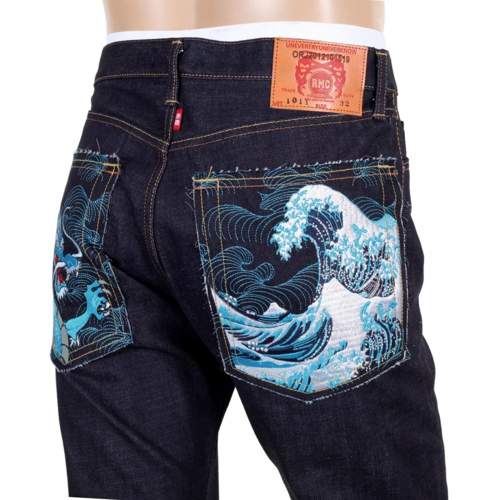 Model 1011 Dark Blue RQP14121 Slim Fit Raw Selvedge Denim Jeans with Dragon and Tsunami Wave Embroidery