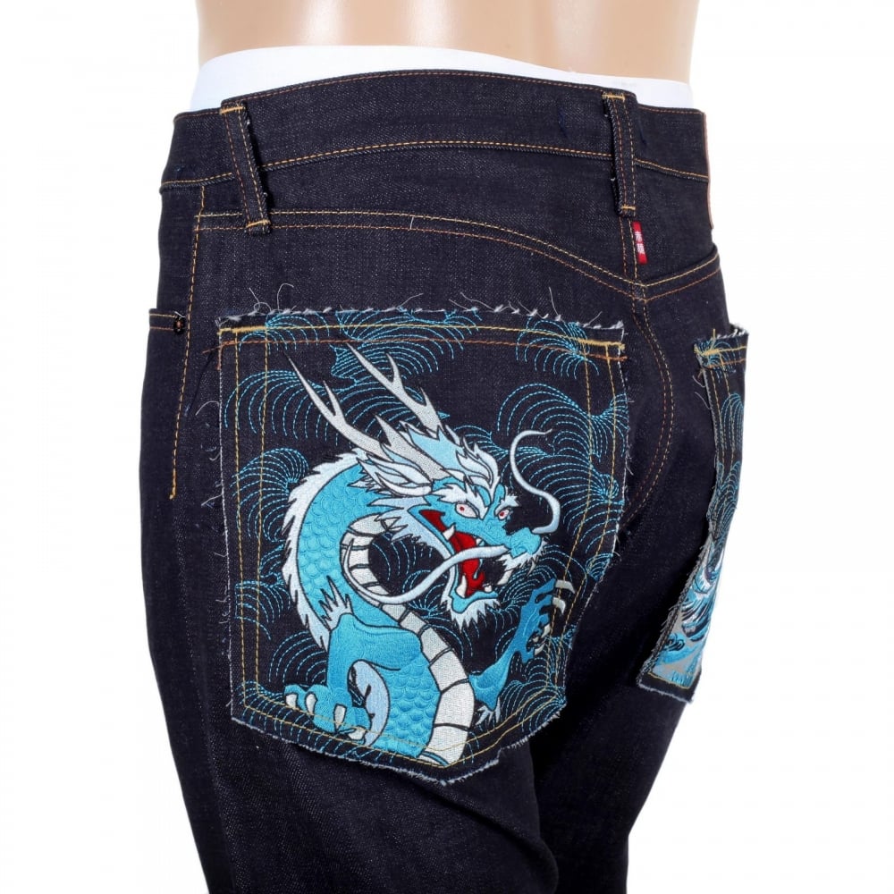 Model 1011 Dark Blue RQP14121 Slim Fit Raw Selvedge Denim Jeans with Dragon and Tsunami Wave Embroidery