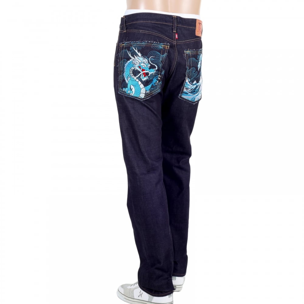 Model 1011 Dark Blue RQP14121 Slim Fit Raw Selvedge Denim Jeans with Dragon and Tsunami Wave Embroidery