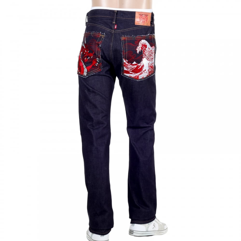 Mens 1011 Slimmer Model RQP14121 Japanese Selvedge Denim Jeans with Red Dragon and Tsunami Wave Embroidery