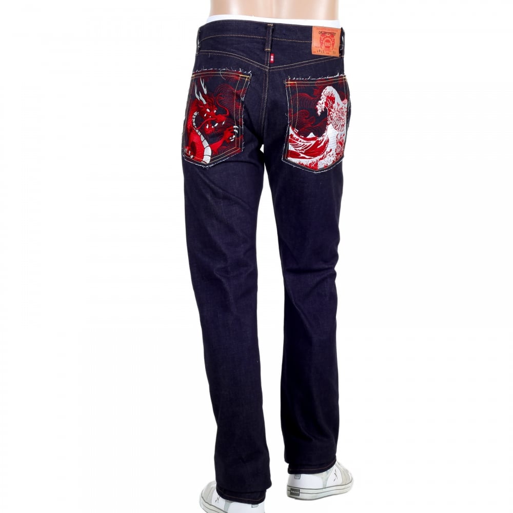 Mens 1011 Slimmer Model RQP14121 Japanese Selvedge Denim Jeans with Red Dragon and Tsunami Wave Embroidery