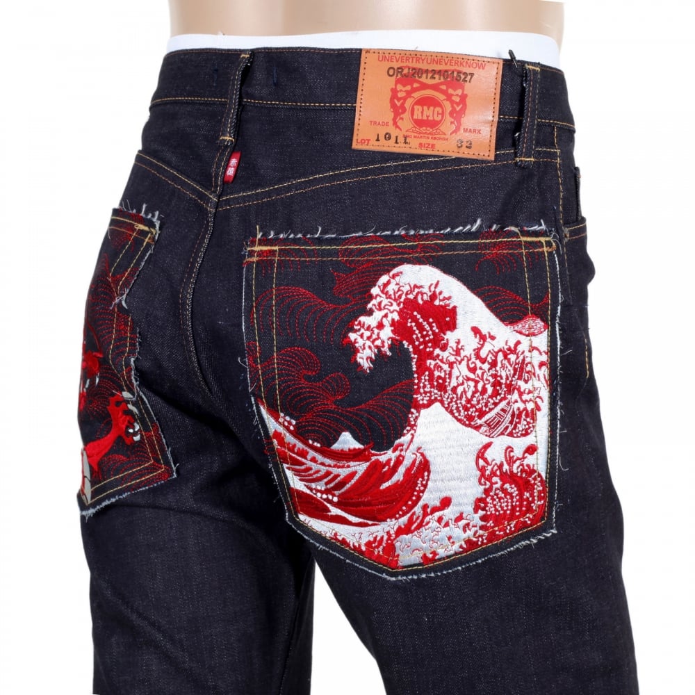 Mens 1011 Slimmer Model RQP14121 Japanese Selvedge Denim Jeans with Red Dragon and Tsunami Wave Embroidery