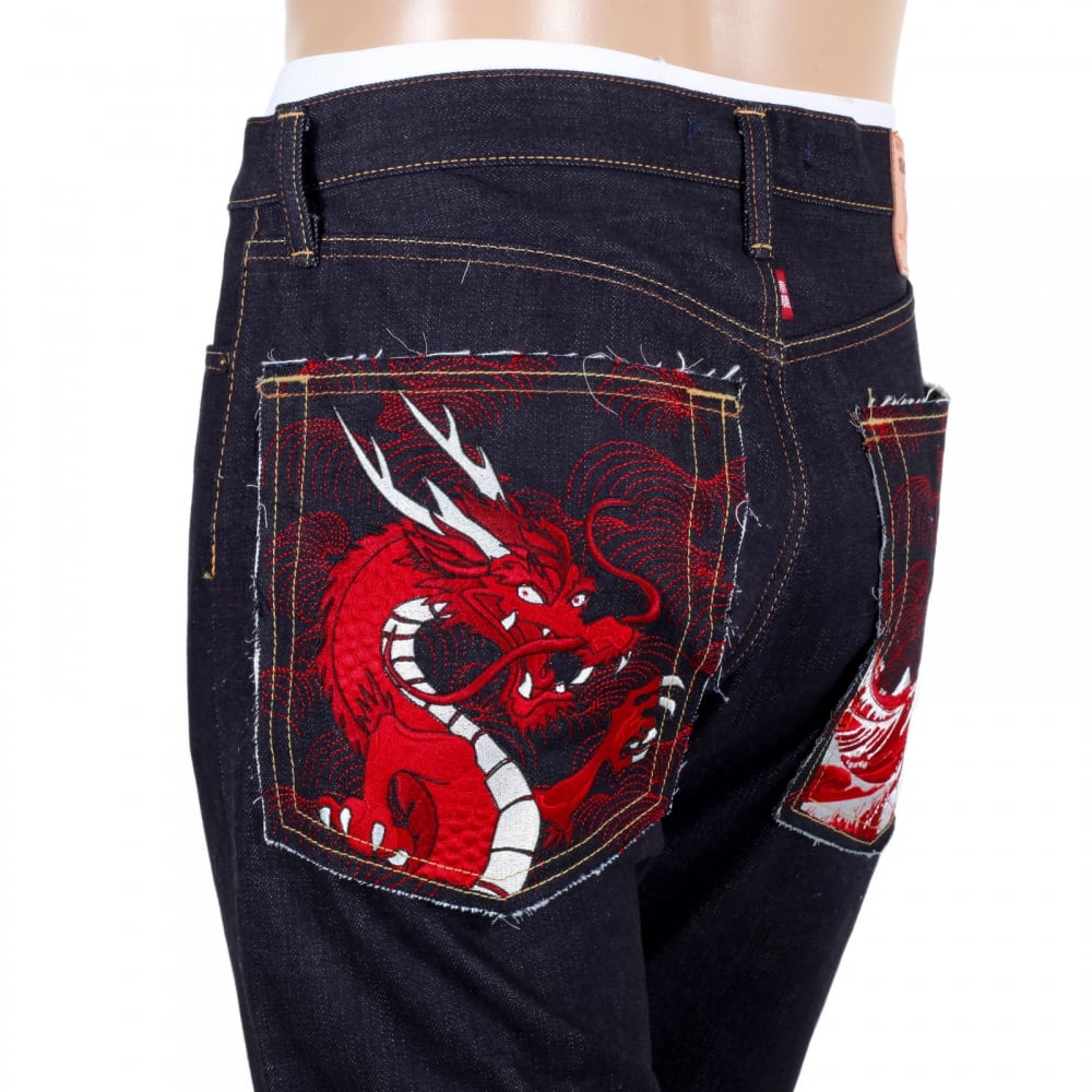 Mens 1011 Slimmer Model RQP14121 Japanese Selvedge Denim Jeans with Red Dragon and Tsunami Wave Embroidery