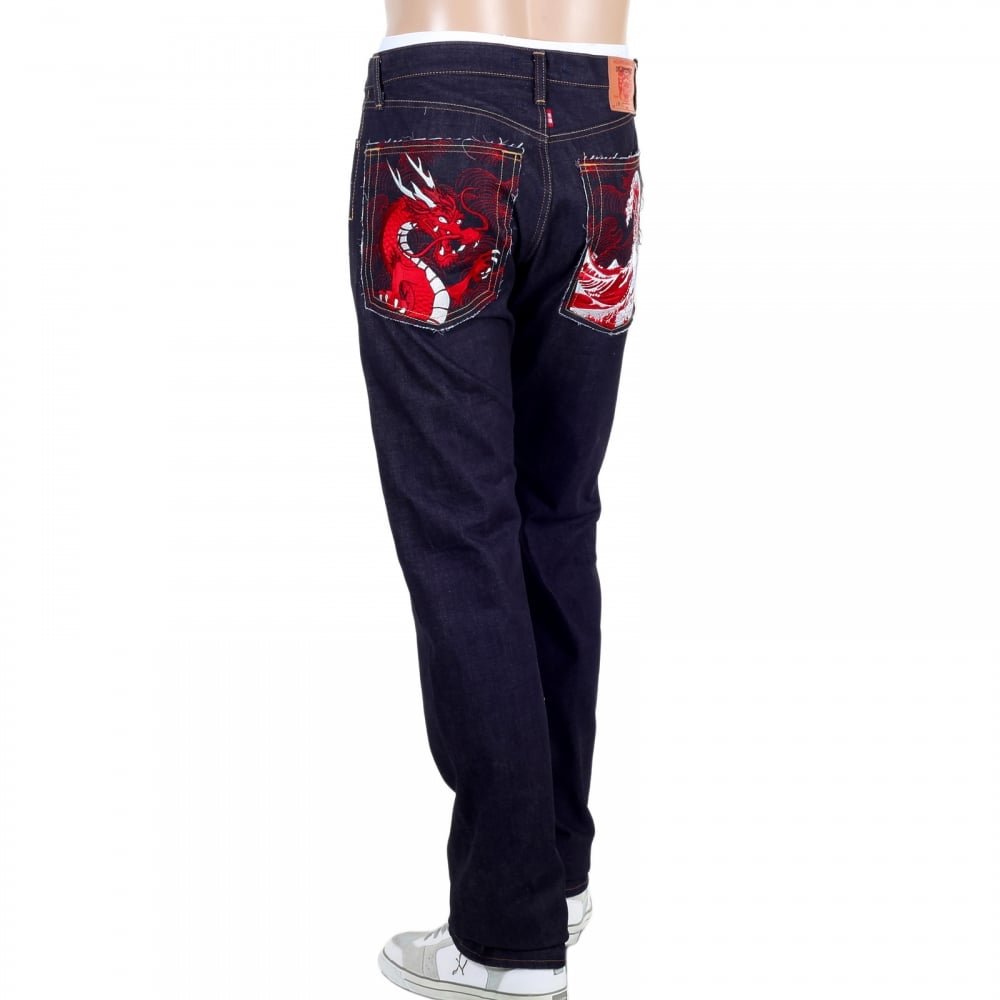 Mens 1011 Slimmer Model RQP14121 Japanese Selvedge Denim Jeans with Red Dragon and Tsunami Wave Embroidery