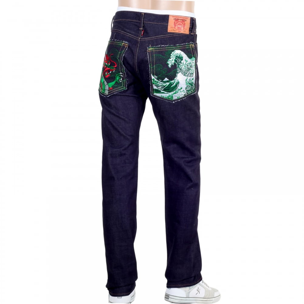 Mens Green Dragon and Tsunami Wave Embroidered 1011 Slimmer Model RQP14121 Selvedge Denim Jeans