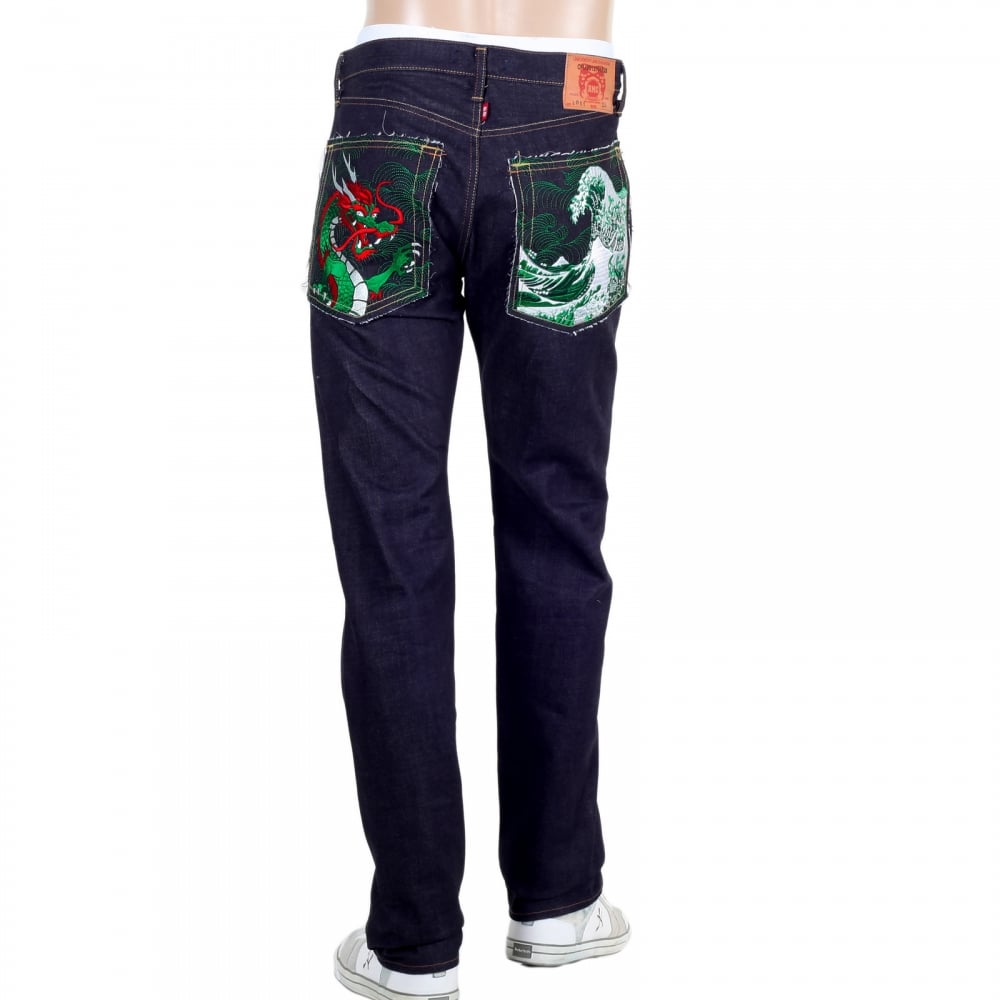 Mens Green Dragon and Tsunami Wave Embroidered 1011 Slimmer Model RQP14121 Selvedge Denim Jeans