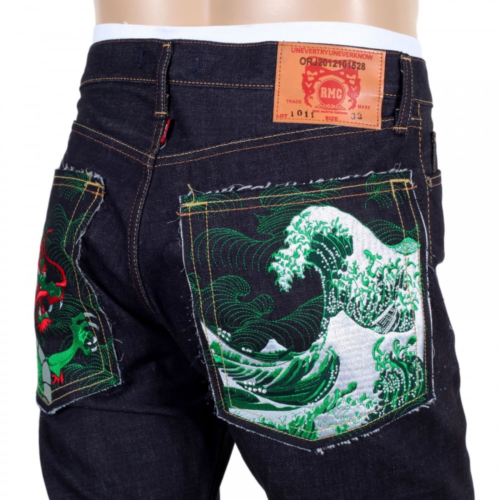 Mens Green Dragon and Tsunami Wave Embroidered 1011 Slimmer Model RQP14121 Selvedge Denim Jeans