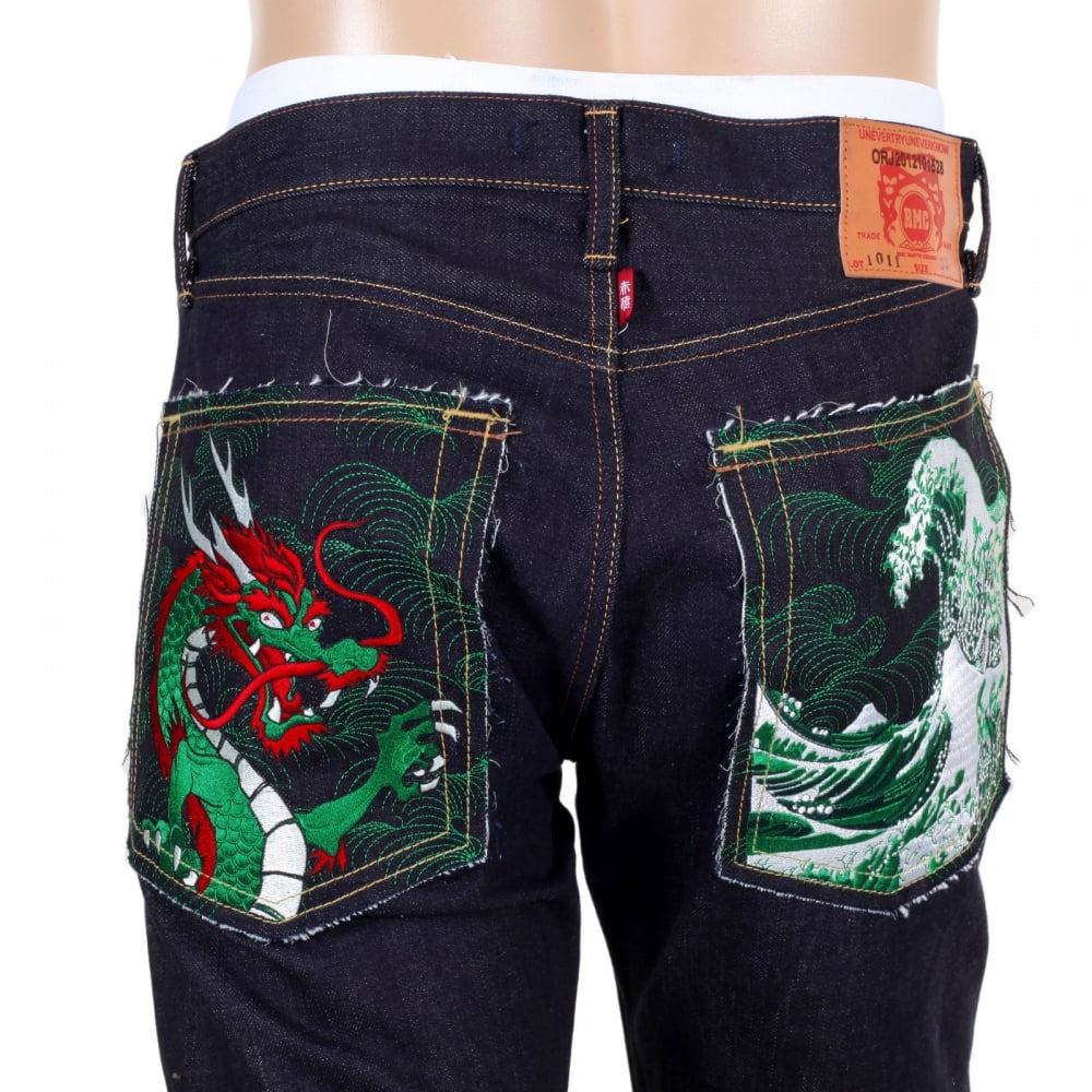 Mens Green Dragon and Tsunami Wave Embroidered 1011 Slimmer Model RQP14121 Selvedge Denim Jeans