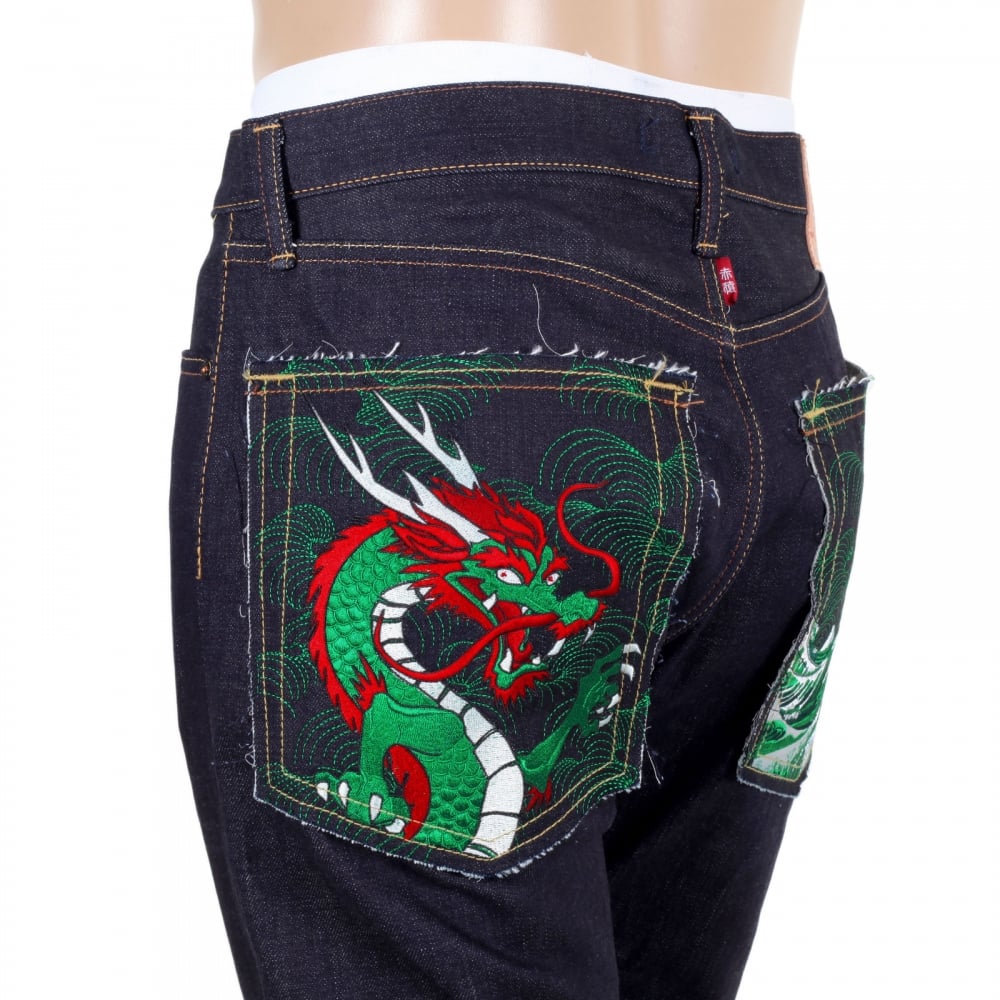 Mens Green Dragon and Tsunami Wave Embroidered 1011 Slimmer Model RQP14121 Selvedge Denim Jeans