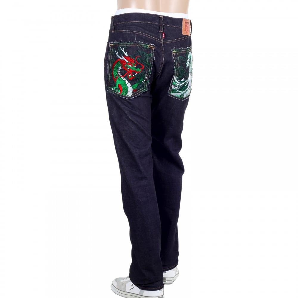 Mens Green Dragon and Tsunami Wave Embroidered 1011 Slimmer Model RQP14121 Selvedge Denim Jeans