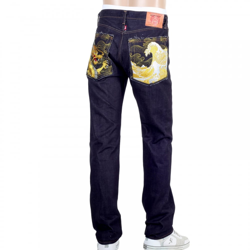 Japanese Selvedge Denim 1011 Slimmer Model RQP14121 Gold Dragon and Tsunami Wave Embroidered Jeans for Men