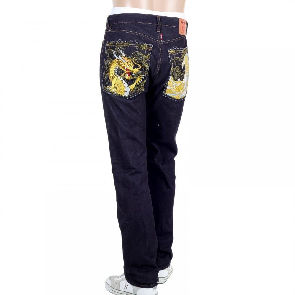 Japanese Selvedge Denim 1011 Slimmer Model RQP14121 Gold Dragon and Tsunami Wave Embroidered Jeans for Men