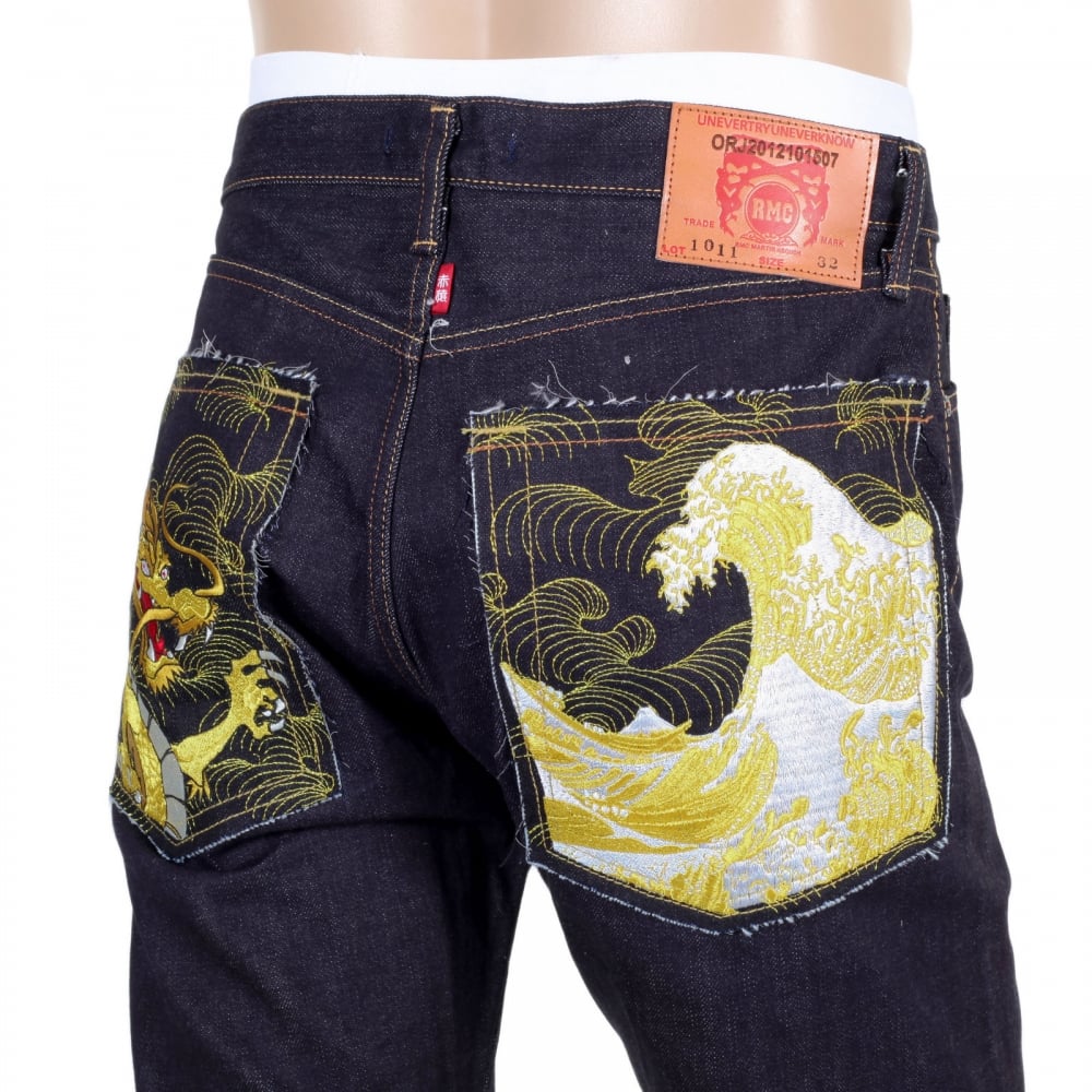 Japanese Selvedge Denim 1011 Slimmer Model RQP14121 Gold Dragon and Tsunami Wave Embroidered Jeans for Men