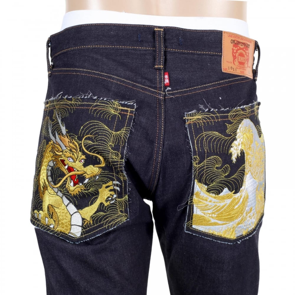 Japanese Selvedge Denim 1011 Slimmer Model RQP14121 Gold Dragon and Tsunami Wave Embroidered Jeans for Men
