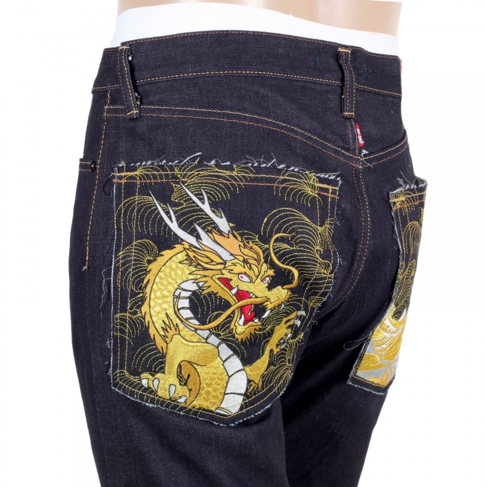 Japanese Selvedge Denim 1011 Slimmer Model RQP14121 Gold Dragon and Tsunami Wave Embroidered Jeans for Men