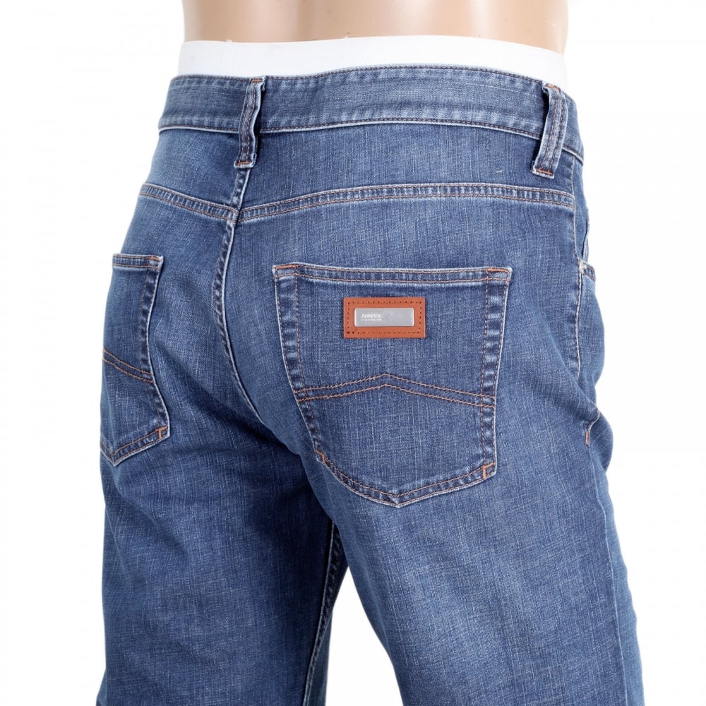 Mens J15 Regular Fit Blue Stretch Jeans with Zip Fly and Small Metal Logo Tab on Ticket pocket