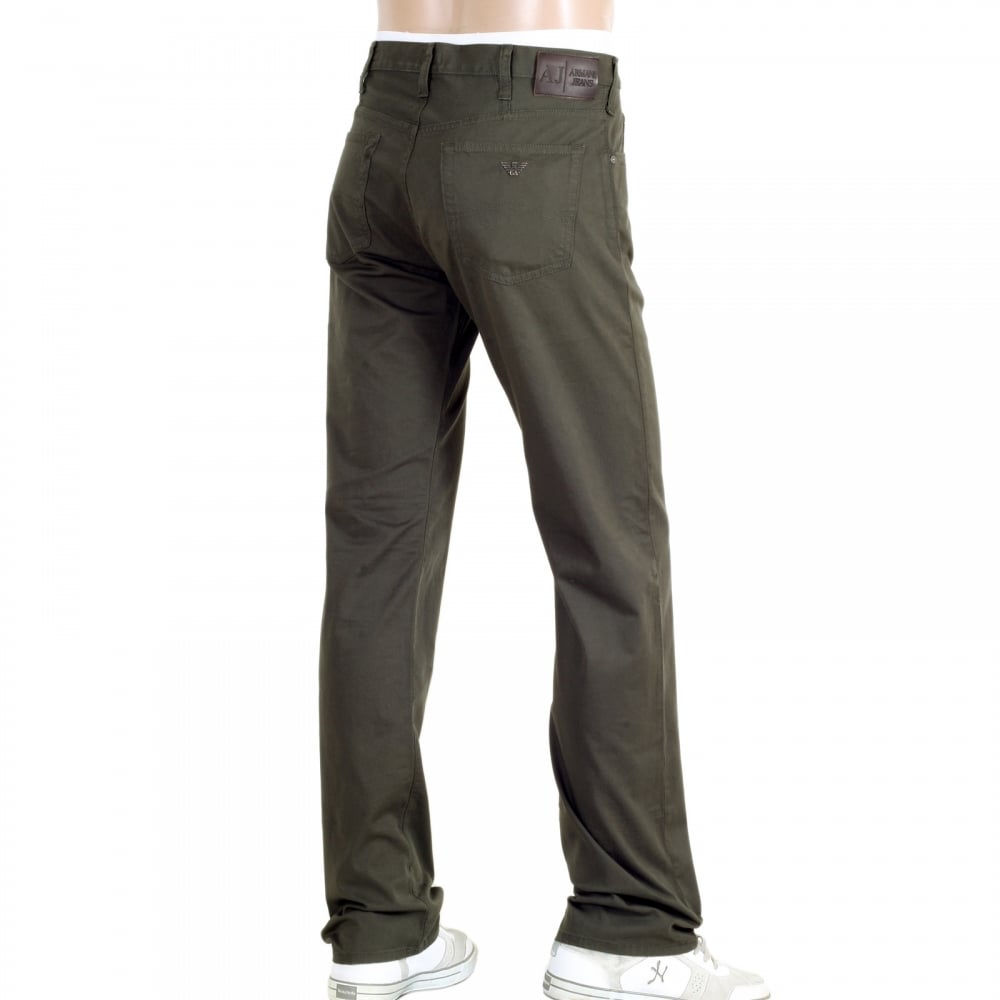 Dark Green J21 Regular Fit Stretch Jeans for Men with Button Fly and Metal Eagle Logo on Back Pocket