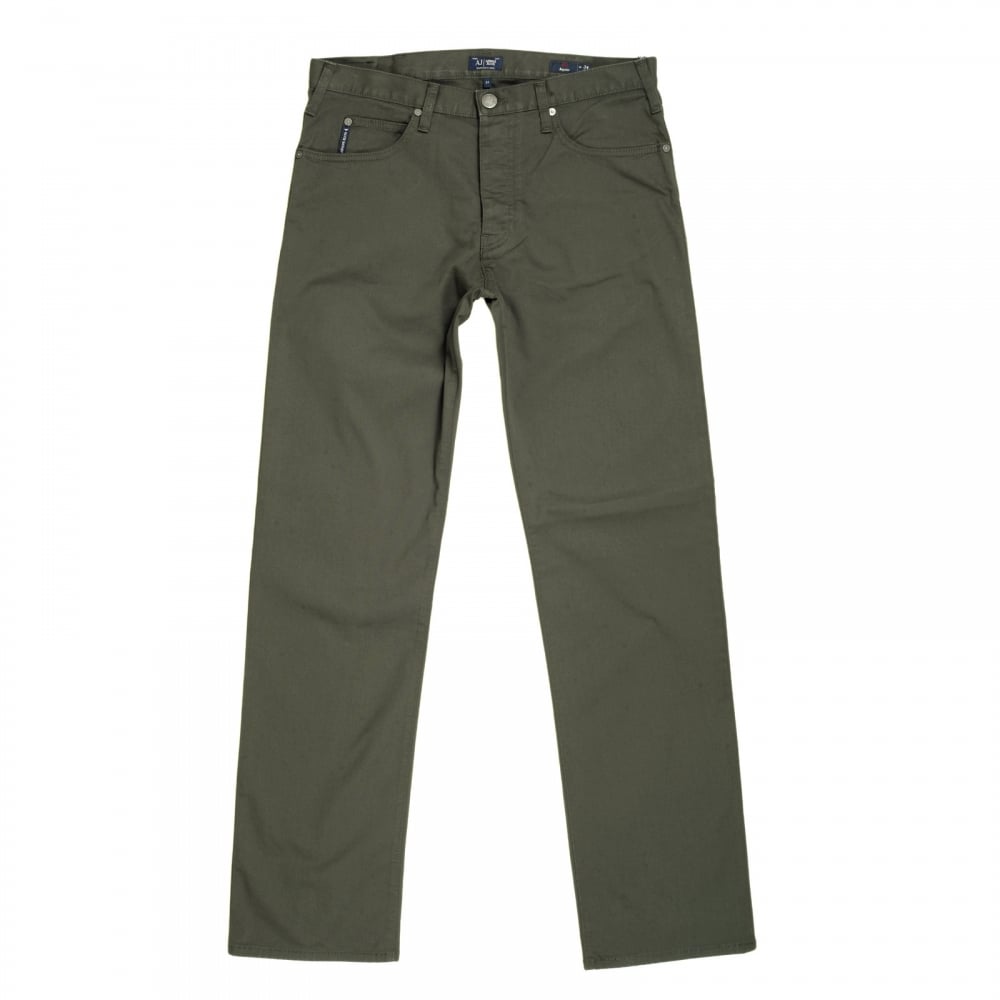 Dark Green J21 Regular Fit Stretch Jeans for Men with Button Fly and Metal Eagle Logo on Back Pocket