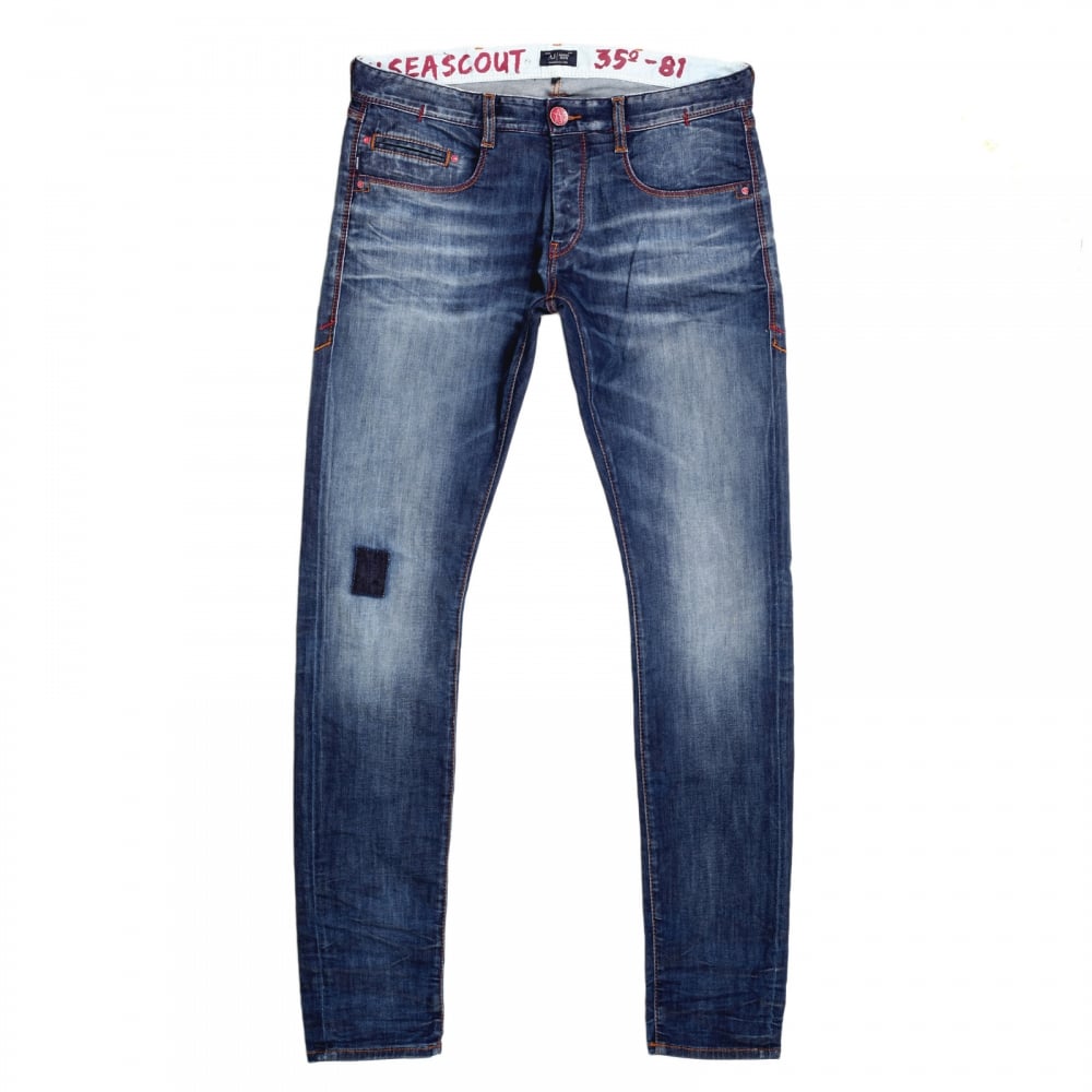 Worn Finished Heavily Faded Extra Slim J35 Washed Denim Jeans with Styled Creasing and A Repair Patch