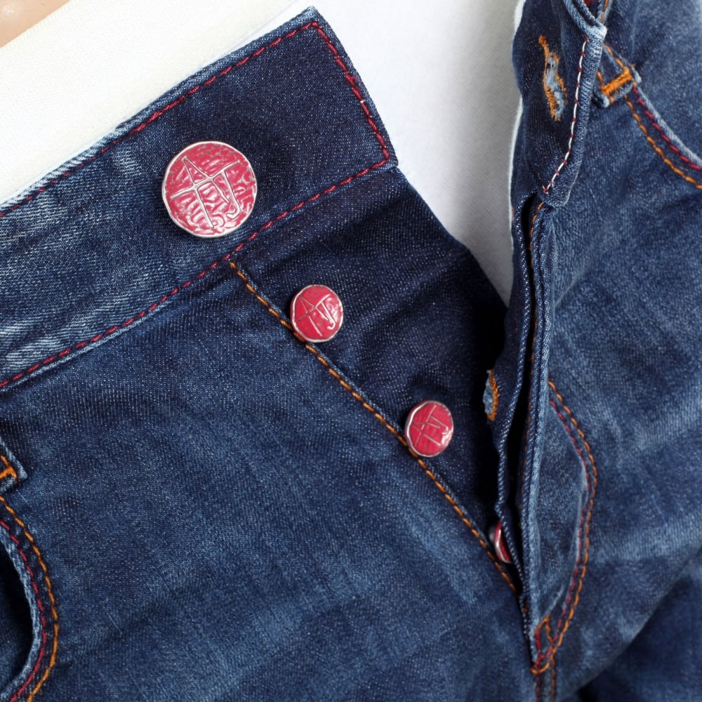 Worn Finished Heavily Faded Extra Slim J35 Washed Denim Jeans with Styled Creasing and A Repair Patch