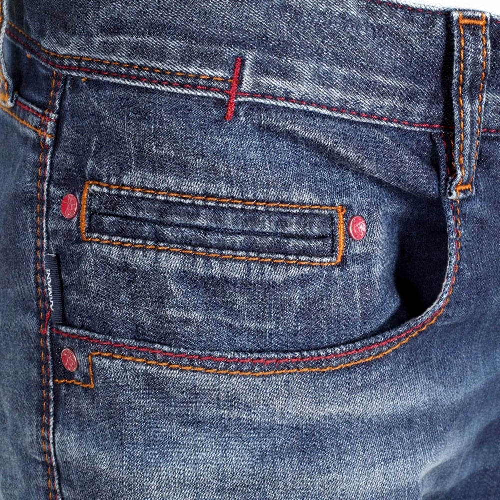 Worn Finished Heavily Faded Extra Slim J35 Washed Denim Jeans with Styled Creasing and A Repair Patch