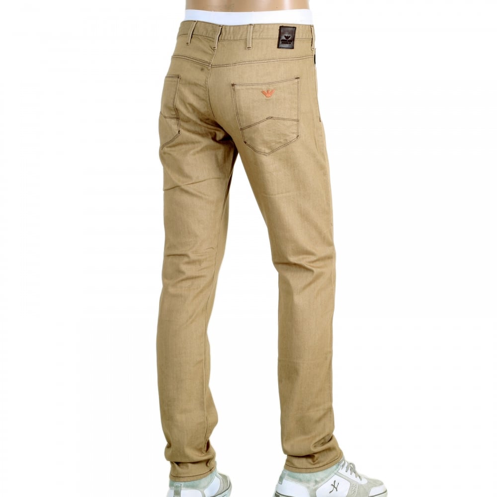 Mens Low Waist Tight Leg J06 Slim Fit Jeans in Beige with Brass Coloured Embossed Waistband Button and Rivets