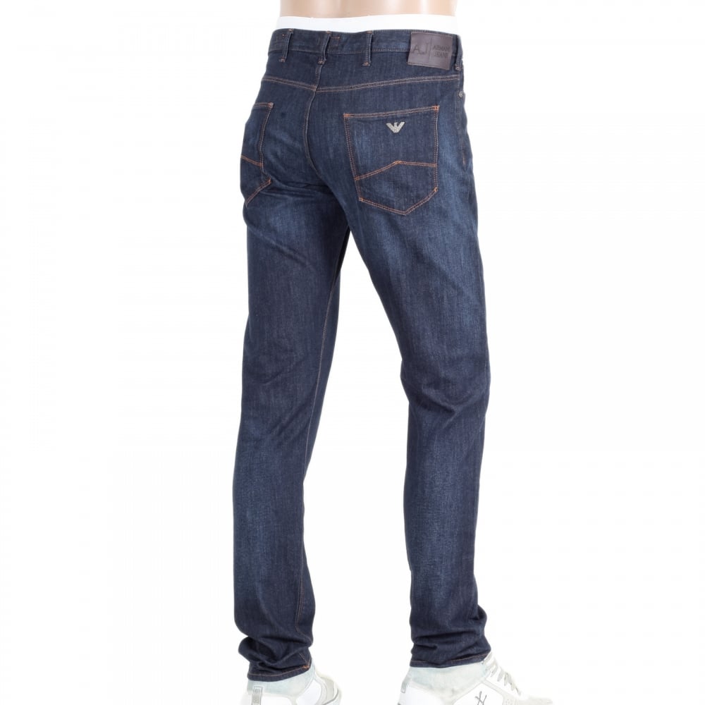Mens Dark Rinsed Stretch Blue Denim Low Waist Tight Leg Slim Fit Jeans with Zip Fly