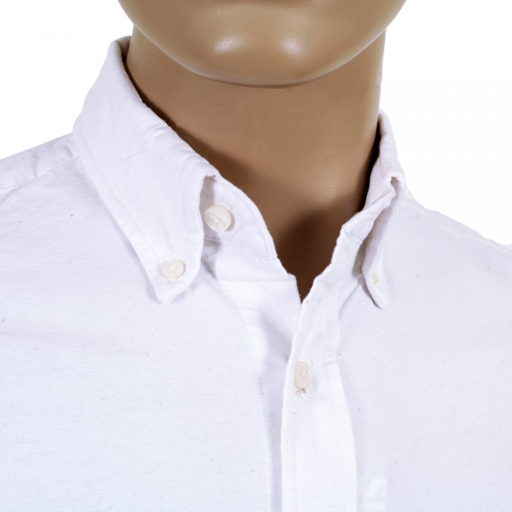 Slim Fit White SC25910 Oxford Long Sleeve Cotton Shirt with Rounded Tail and Butterfly Shell Buttons