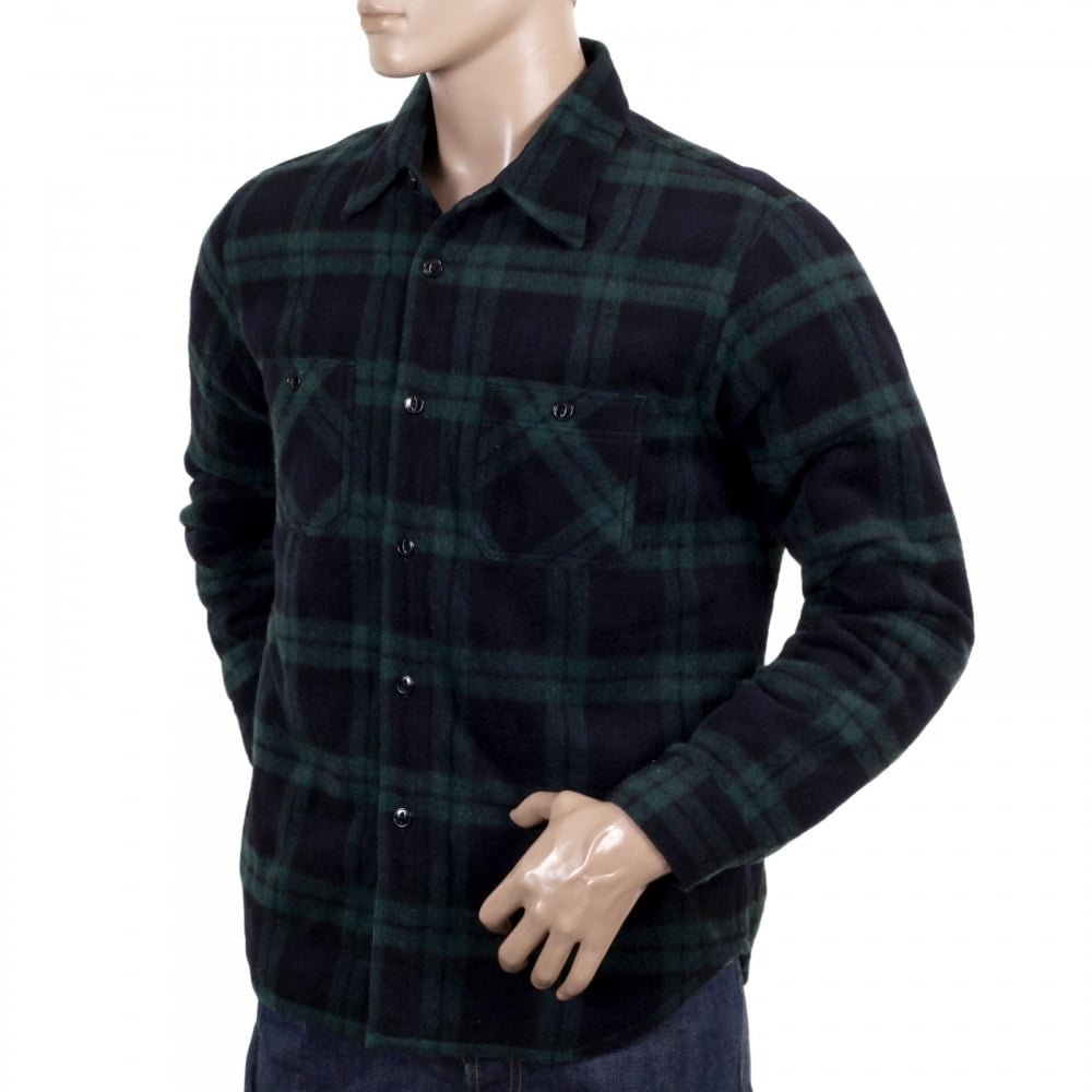 Mens Green Checked Wool Mix Quilted Regular Fit SC13178 CPO Overshirt with 2 Chest Pockets and Round Tail