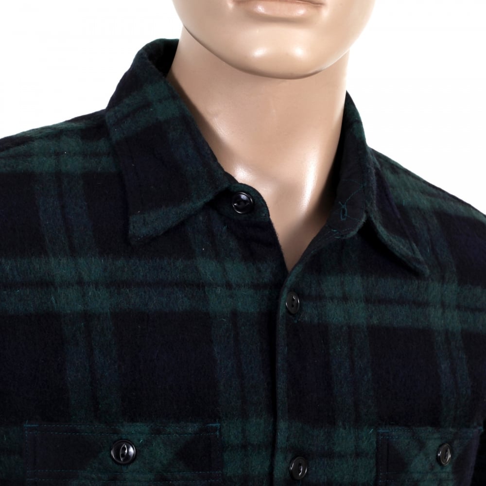 Mens Green Checked Wool Mix Quilted Regular Fit SC13178 CPO Overshirt with 2 Chest Pockets and Round Tail