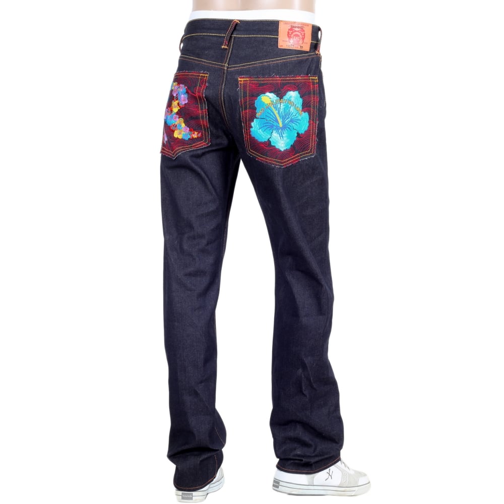 Exclusive Embroidered Holiday Flower Dark Indigo Raw Selvedge Denim Jeans