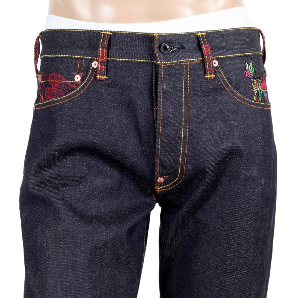 Exclusive Embroidered Holiday Flower Dark Indigo Raw Selvedge Denim Jeans