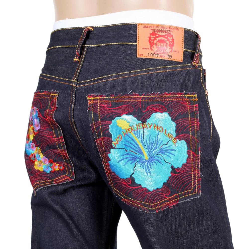 Exclusive Embroidered Holiday Flower Dark Indigo Raw Selvedge Denim Jeans